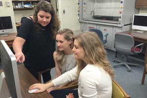 UM BS Chemistry majors (from left) Ashley Williams, Sarah Sutton and Katelyn Allen conduct undergraduate research.