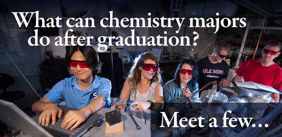 What can chemistry majors do after graduation? Meet a few... Students and professor in chemistry lab working with lasers.